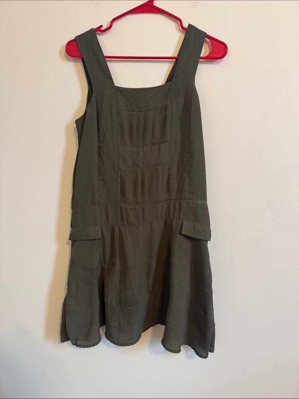 L'Amour Olive Green Sleeveless Pintuck Mini Dress